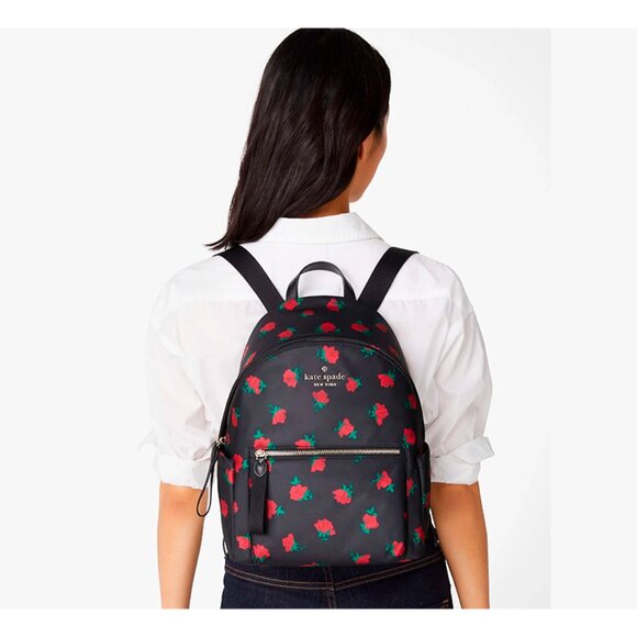 S Kate Spade Chelsea Medium Black Nylon Backpack Rose Toss Print KE435 NWT $299 main image 4